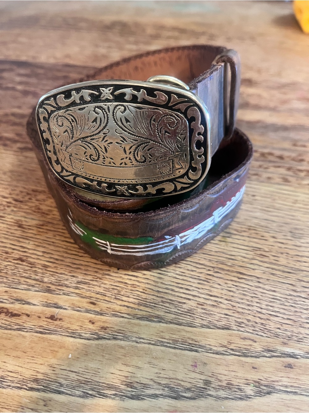 Vintage 1989 hand painted belt Brown Leather Brass Buckle cowgirl western
